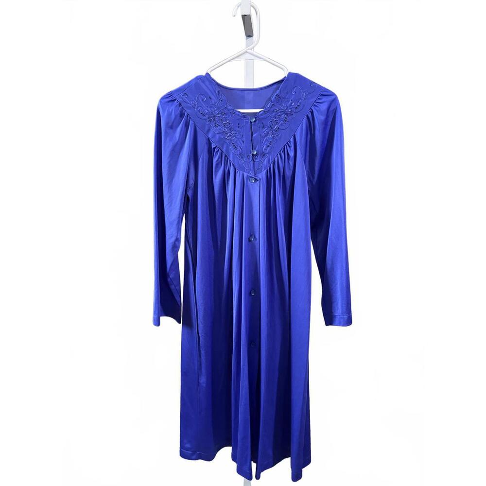 Vintage Royal Blue Embroidered Yoke Nightgown Long Sleeve